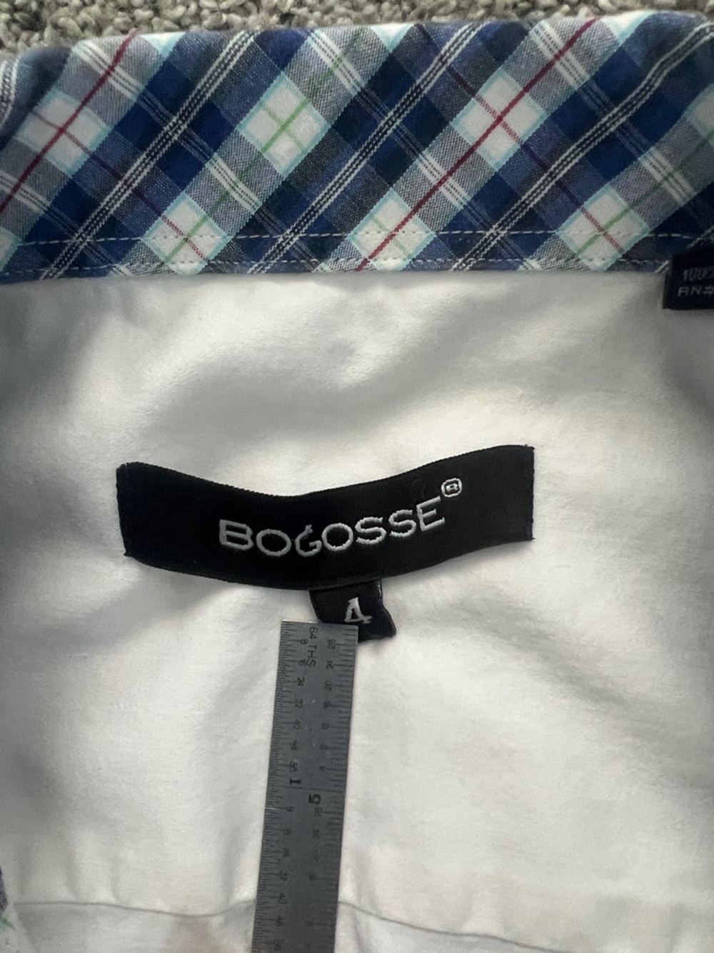 Bogosse White Men's Button-Down Shirt with Blue Plaid Trim Flip Cuffs Size 4 (L) - Picture 9 of 15